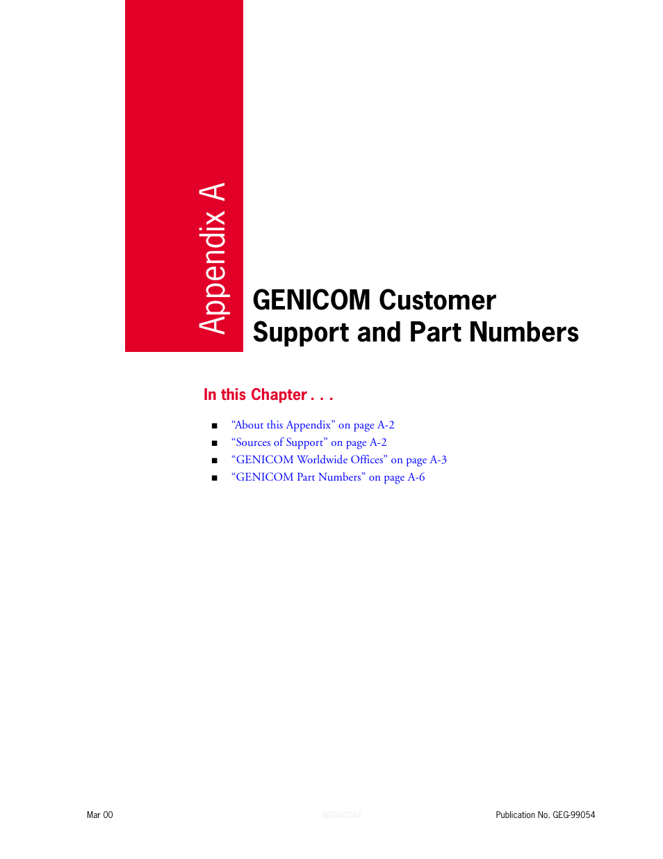 Appendix a, Genicom customer support and part numbers a-1, Genicom customer support and part numbers | Genicom microLaser 210 User Manual | Page 201 / 212