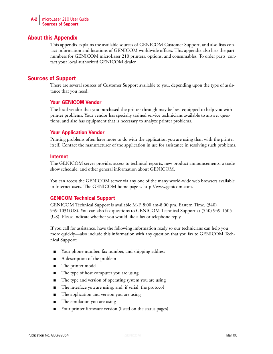About this appendix, Sources of support, Your genicom vendor | Your application vendor, Internet, Genicom technical support, Sources of support a-2 | Genicom microLaser 210 User Manual | Page 202 / 212