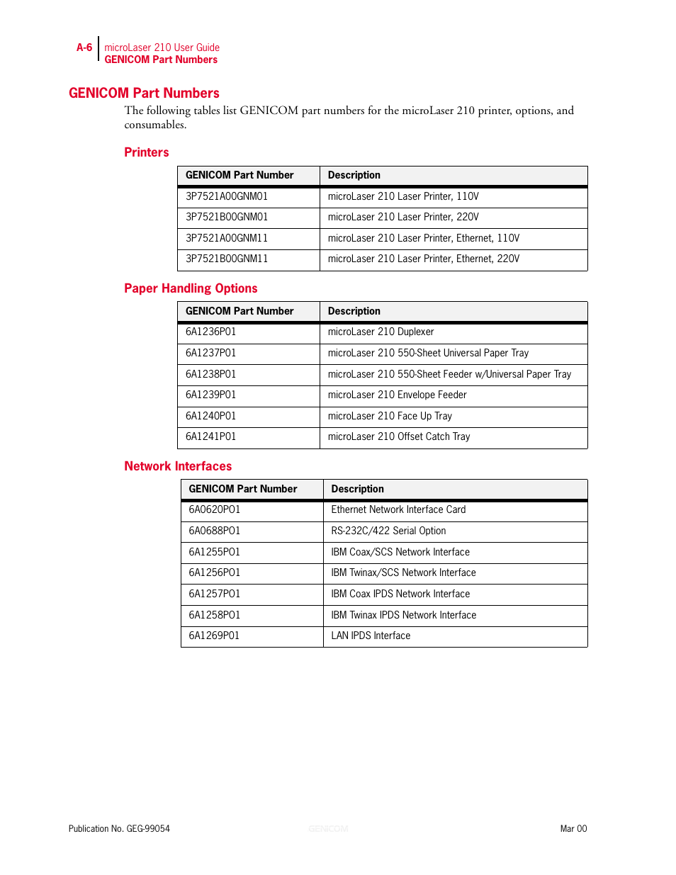 Genicom part numbers, Printers, Paper handling options | Network interfaces, Genicom part numbers a-6, Paper handling options a-6 network interfaces a-6 | Genicom microLaser 210 User Manual | Page 206 / 212