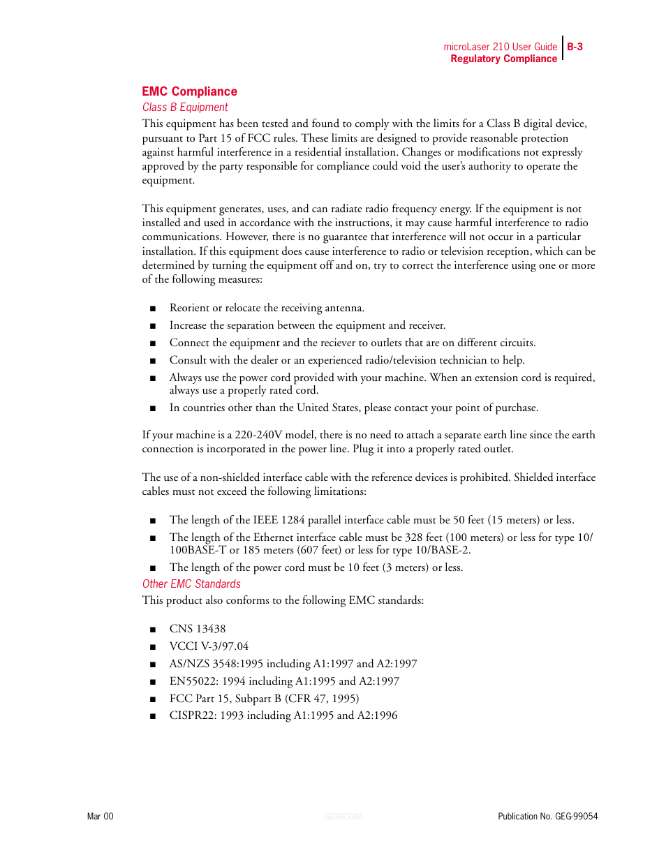 Emc compliance, Class b equipment, Other emc standards | Emc compliance b-3 | Genicom microLaser 210 User Manual | Page 211 / 212