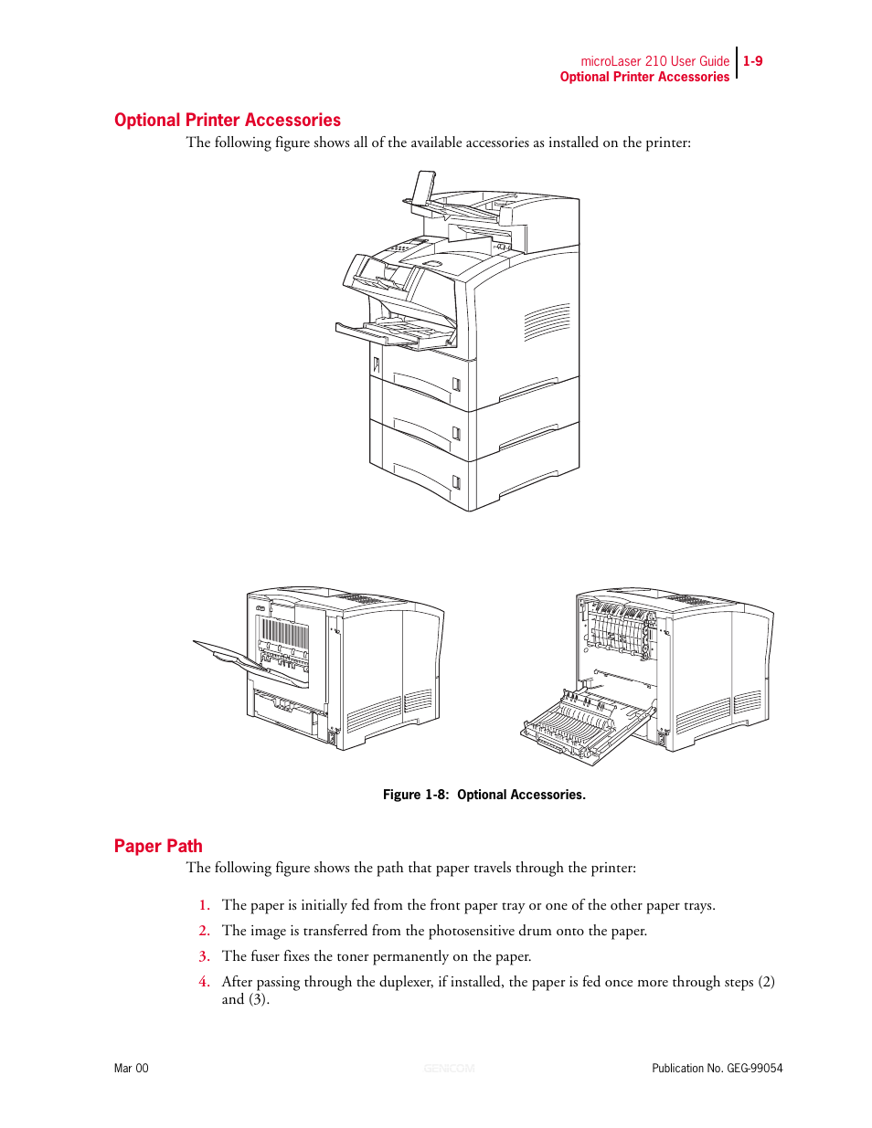 Optional printer accessories, Paper path, Optional printer accessories 1-9 | Paper path 1-9 | Genicom microLaser 210 User Manual | Page 25 / 212