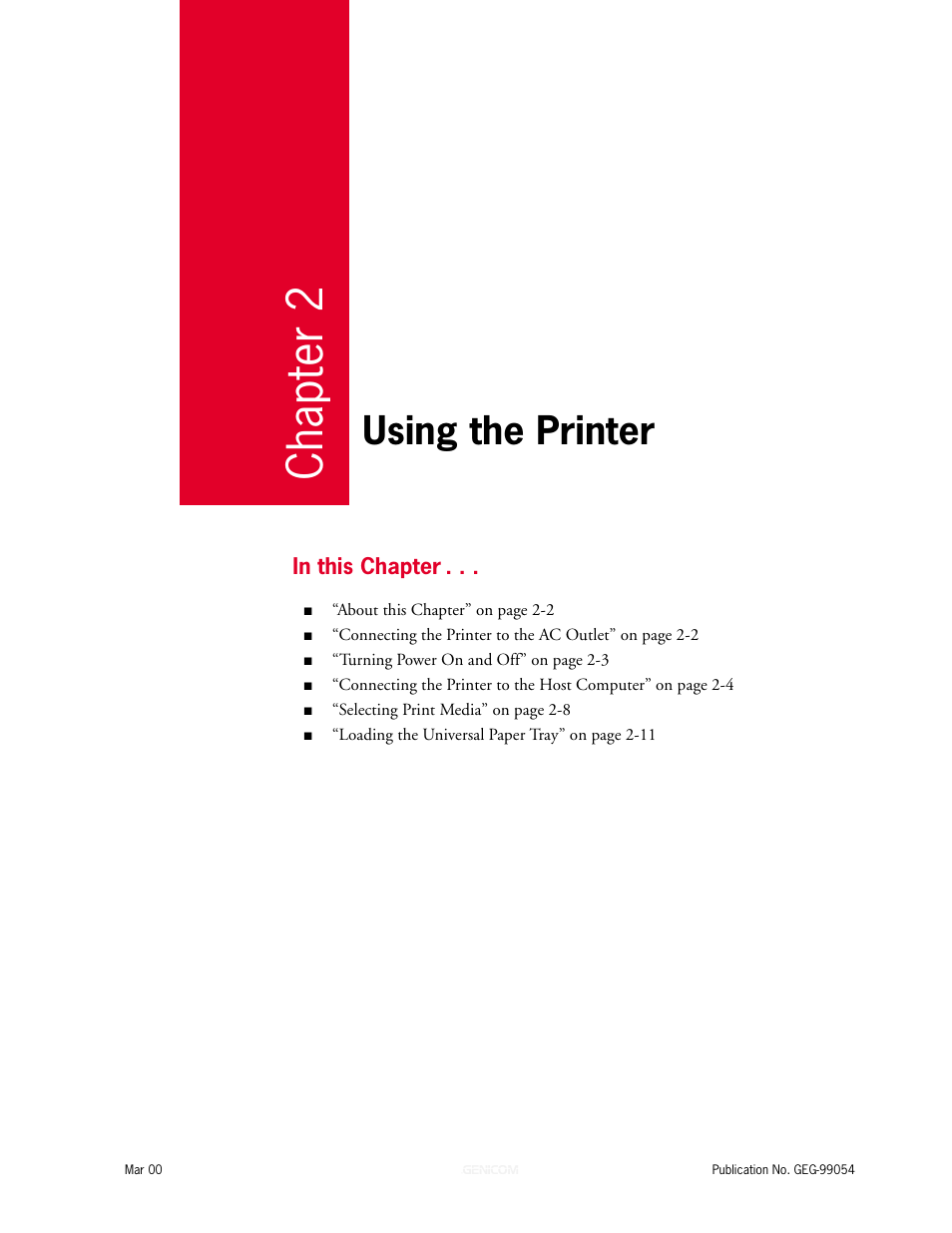 Chapter 2: using the printer, Chapter 2, Using the printer 2-1 | Using the printer | Genicom microLaser 210 User Manual | Page 27 / 212