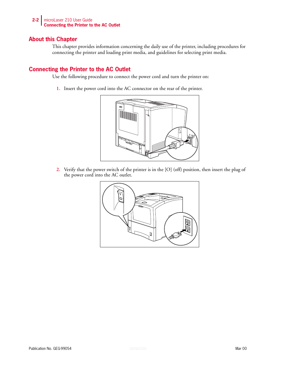 About this chapter, Connecting the printer to the ac outlet, Connecting the printer to the ac outlet 2-2 | Genicom microLaser 210 User Manual | Page 28 / 212