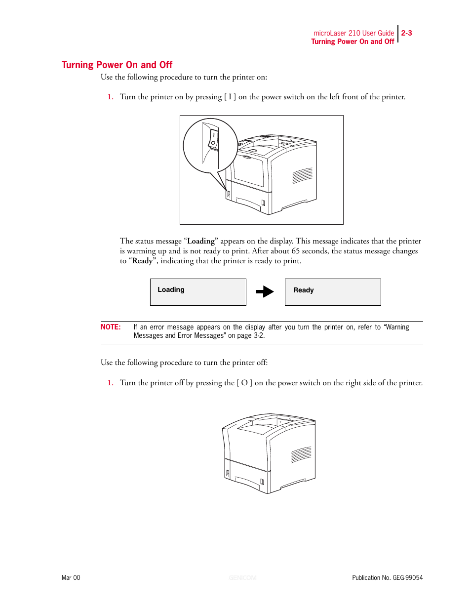 Turning power on and off, Turning power on and off 2-3 | Genicom microLaser 210 User Manual | Page 29 / 212