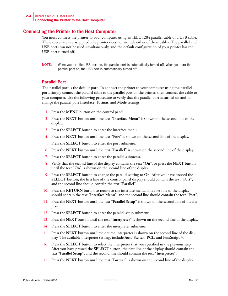 Connecting the printer to the host computer, Parallel port, Connecting the printer to the host computer 2-4 | Parallel port 2-4 | Genicom microLaser 210 User Manual | Page 30 / 212