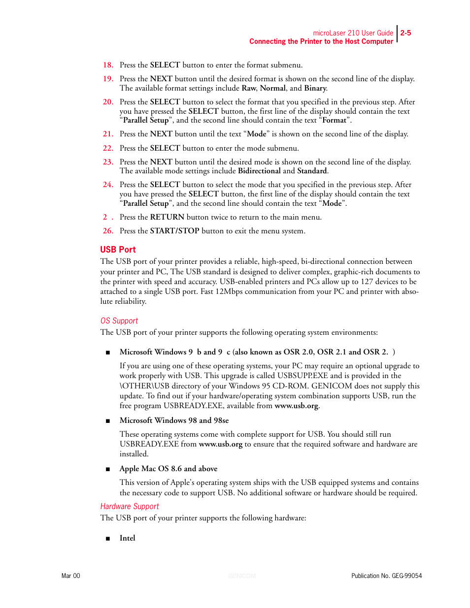 Usb port, Os support, Hardware support | Usb port 2-5 | Genicom microLaser 210 User Manual | Page 31 / 212