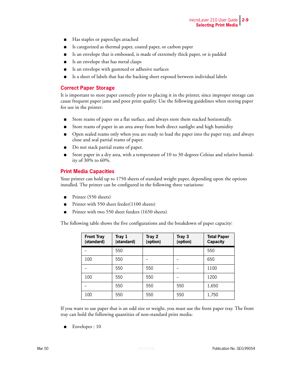 Correct paper storage, Print media capacities | Genicom microLaser 210 User Manual | Page 35 / 212