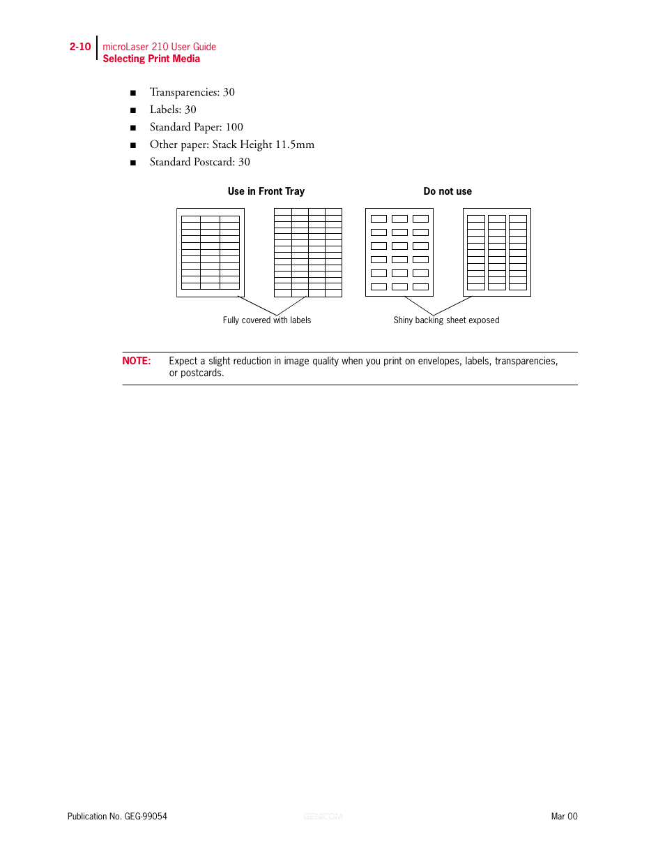 Transparencies: 30, Labels: 30, Standard paper: 100 | Other paper: stack height 11.5mm, Standard postcard: 30 | Genicom microLaser 210 User Manual | Page 36 / 212