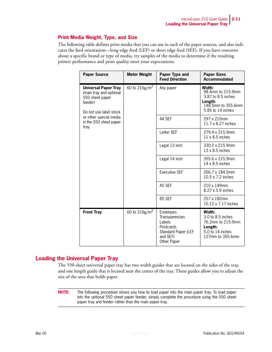Print media weight, type, and size, Loading the universal paper tray, Print media weight, type, and size 2-11 | Loading the universal paper tray 2-11 | Genicom microLaser 210 User Manual | Page 37 / 212