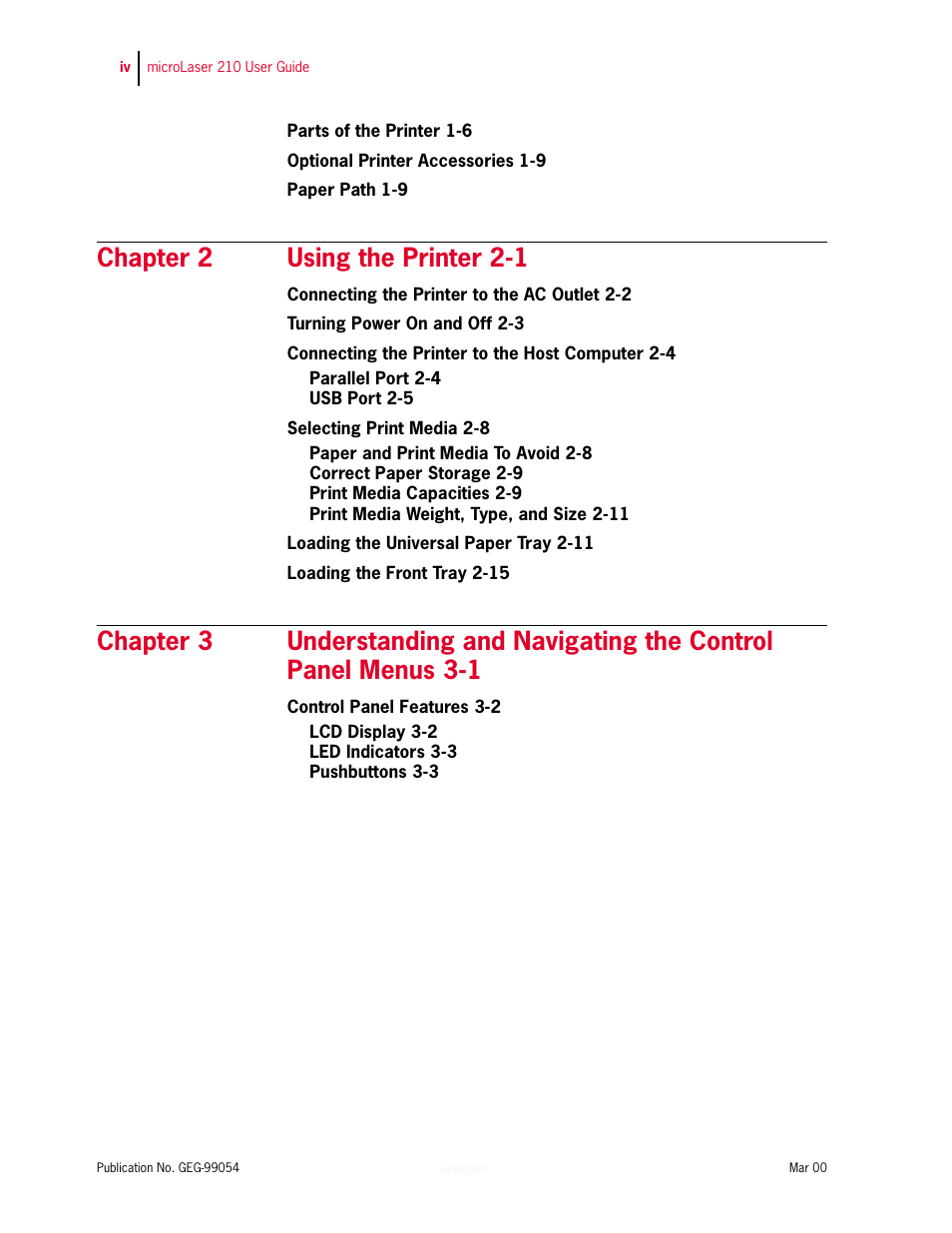 Chapter 2 using the printer 2-1 | Genicom microLaser 210 User Manual | Page 4 / 212