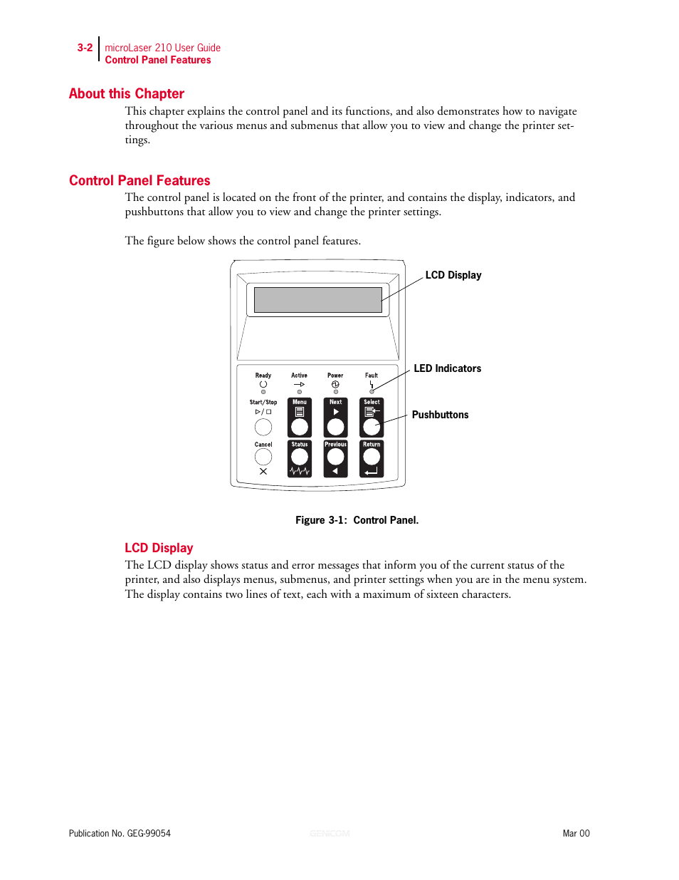 About this chapter, Control panel features, Lcd display | Control panel features 3-2, Lcd display 3-2 | Genicom microLaser 210 User Manual | Page 46 / 212
