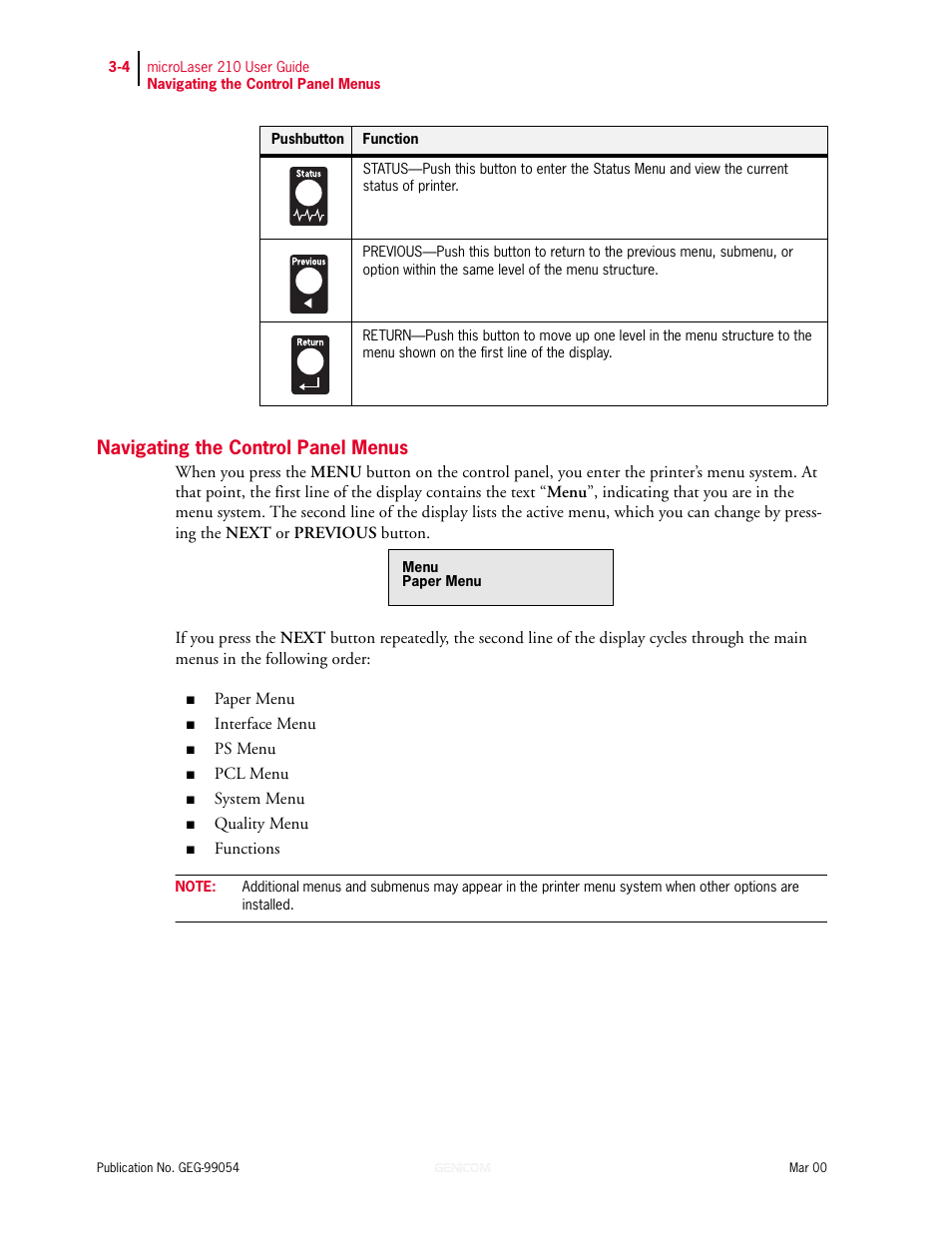 Navigating the control panel menus, Navigating the control panel menus 3-4 | Genicom microLaser 210 User Manual | Page 48 / 212