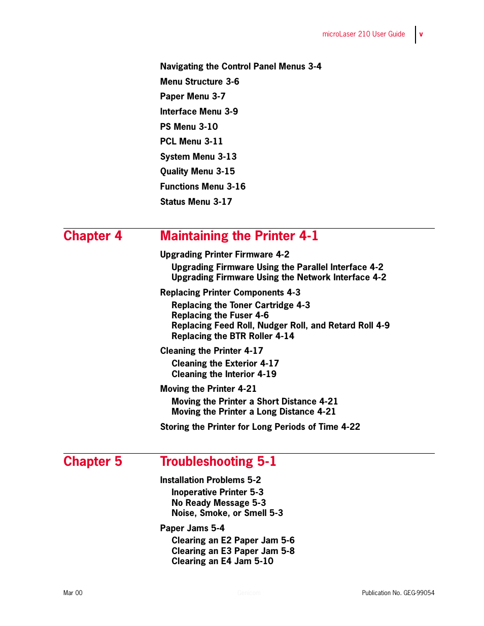 Chapter 4 maintaining the printer 4-1, Chapter 5 troubleshooting 5-1 | Genicom microLaser 210 User Manual | Page 5 / 212