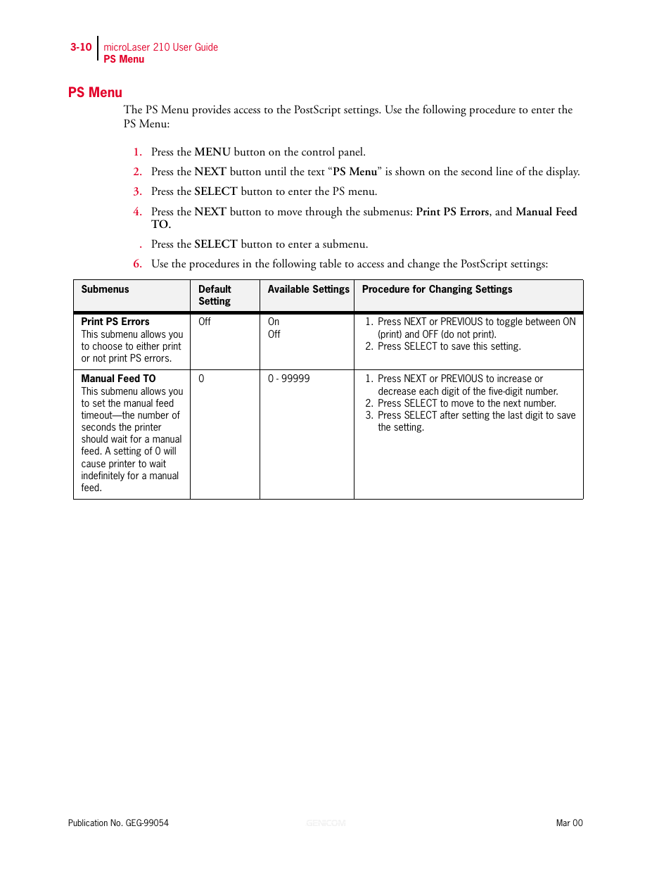 Ps menu, Ps menu 3-10 | Genicom microLaser 210 User Manual | Page 54 / 212