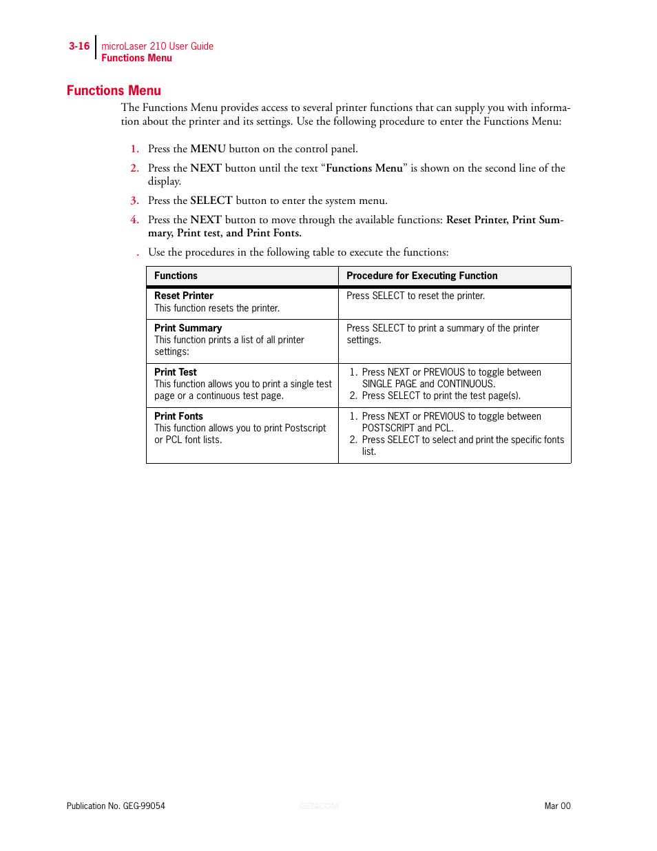 Functions menu, Functions menu 3-16 | Genicom microLaser 210 User Manual | Page 60 / 212