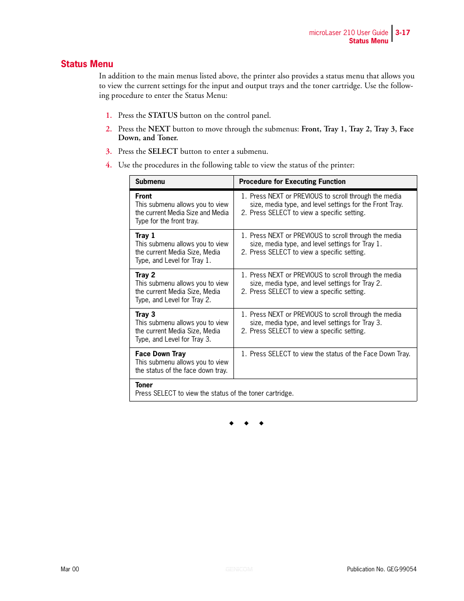 Status menu, Status menu 3-17 | Genicom microLaser 210 User Manual | Page 61 / 212