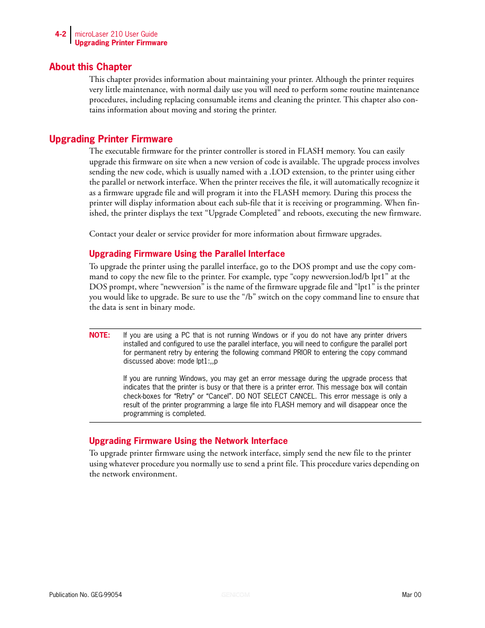 About this chapter, Upgrading printer firmware, Upgrading firmware using the parallel interface | Upgrading firmware using the network interface, Upgrading printer firmware 4-2 | Genicom microLaser 210 User Manual | Page 64 / 212
