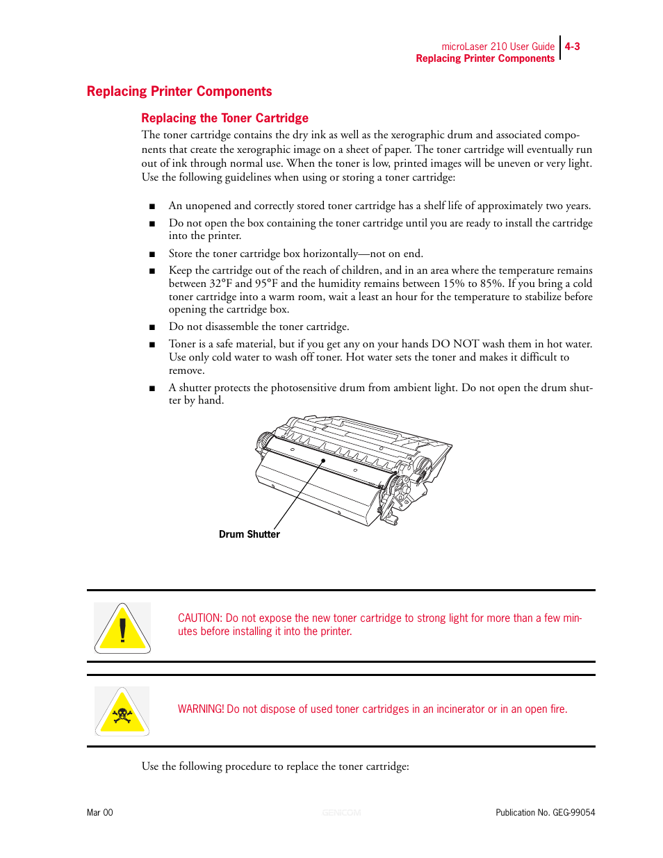 Replacing printer components, Replacing the toner cartridge, Replacing printer components 4-3 | Replacing the toner cartridge 4-3 | Genicom microLaser 210 User Manual | Page 65 / 212