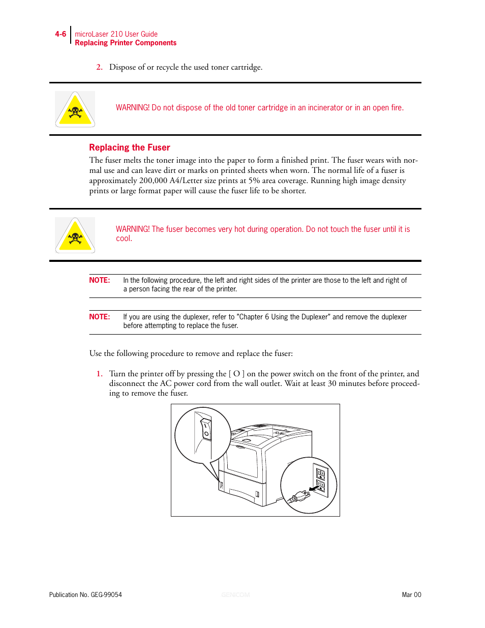 Replacing the fuser, Replacing the fuser 4-6 | Genicom microLaser 210 User Manual | Page 68 / 212