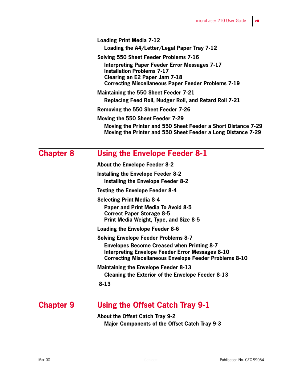 Chapter 8 using the envelope feeder 8-1, Chapter 9 using the offset catch tray 9-1 | Genicom microLaser 210 User Manual | Page 7 / 212