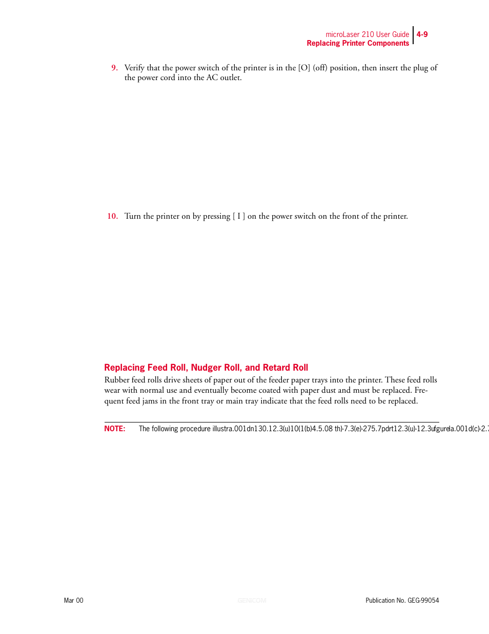Replacing feed roll, nudger roll, and retard roll | Genicom microLaser 210 User Manual | Page 71 / 212