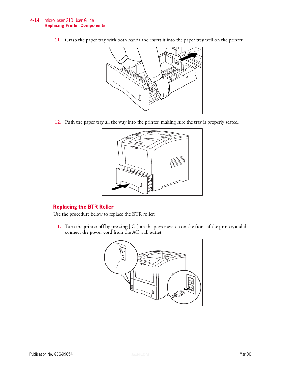 Replacing the btr roller, Replacing the btr roller 4-14 | Genicom microLaser 210 User Manual | Page 76 / 212