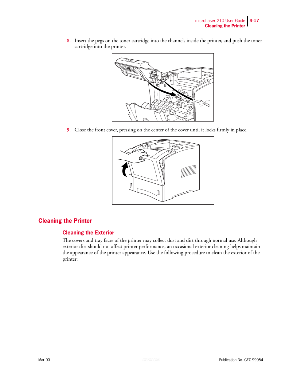 Cleaning the printer, Cleaning the exterior, Cleaning the printer 4-17 | Cleaning the exterior 4-17 | Genicom microLaser 210 User Manual | Page 79 / 212