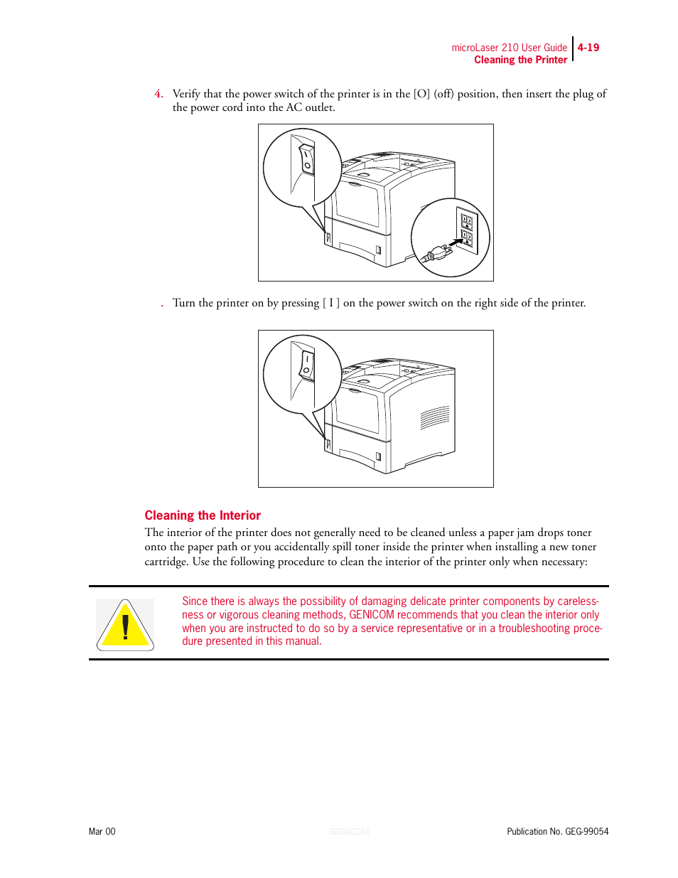 Cleaning the interior, Cleaning the interior 4-19 | Genicom microLaser 210 User Manual | Page 81 / 212