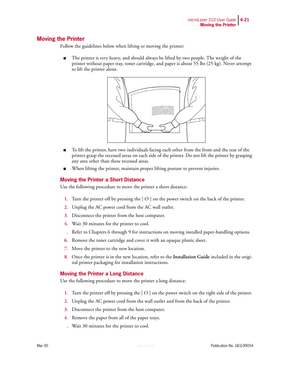 Moving the printer, Moving the printer a short distance, Moving the printer a long distance | Genicom microLaser 210 User Manual | Page 83 / 212