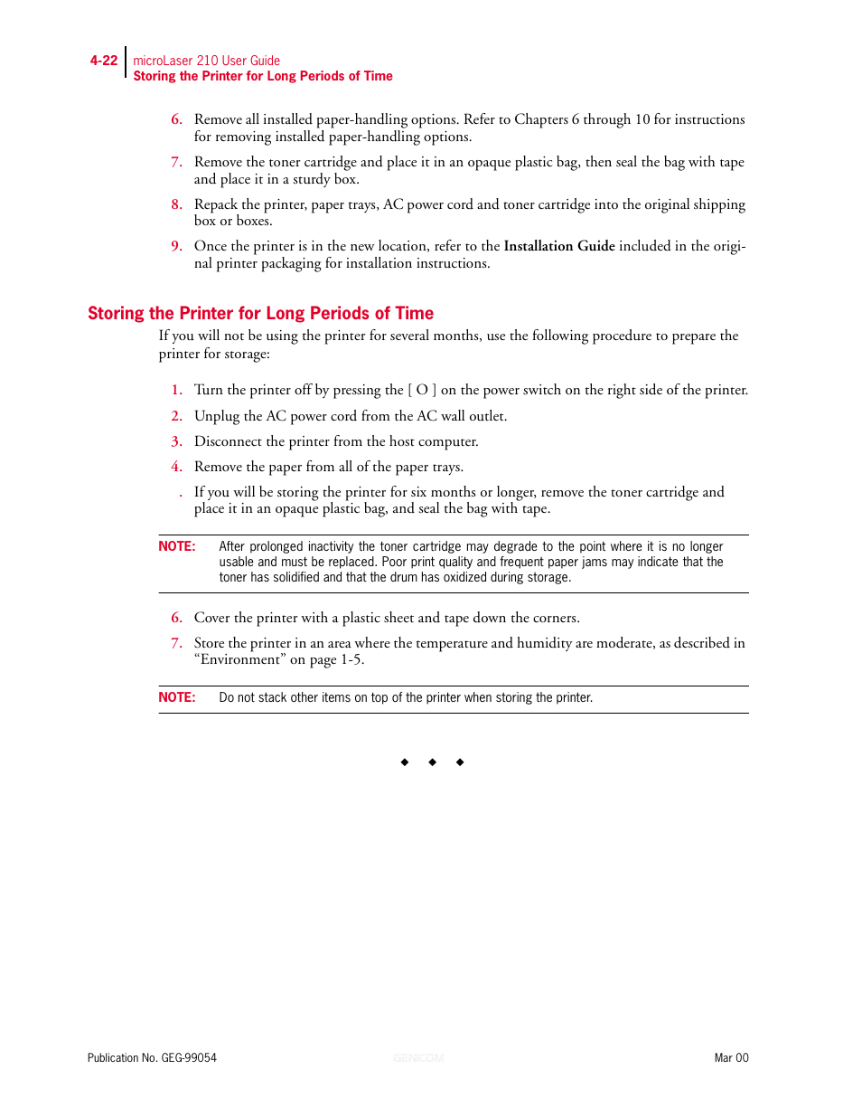 Storing the printer for long periods of time, Storing the printer for long periods of time 4-22 | Genicom microLaser 210 User Manual | Page 84 / 212