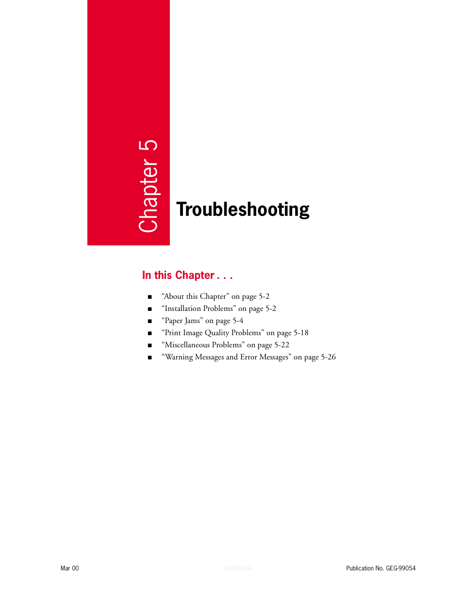 Chapter 5: troubleshooting, Chapter 5, Troubleshooting 5-1 | Troubleshooting | Genicom microLaser 210 User Manual | Page 85 / 212