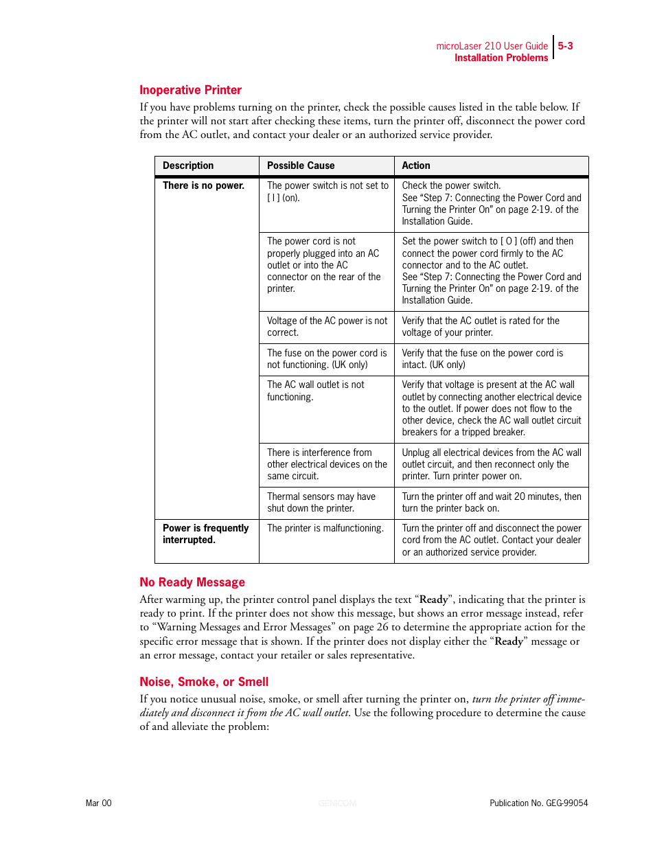 Inoperative printer, No ready message, Noise, smoke, or smell | Genicom microLaser 210 User Manual | Page 87 / 212