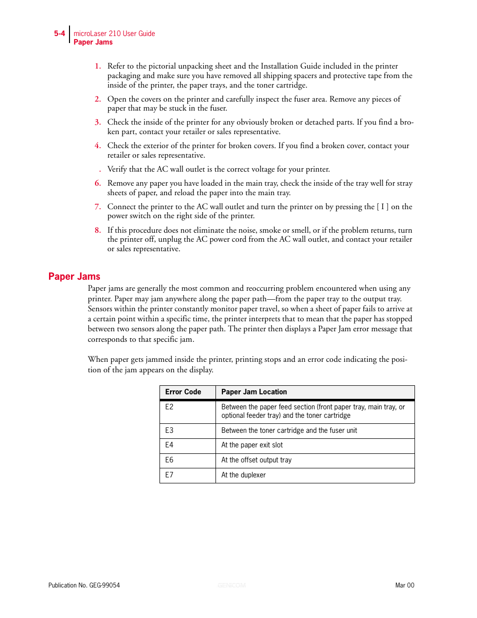Paper jams, Paper jams 5-4 | Genicom microLaser 210 User Manual | Page 88 / 212