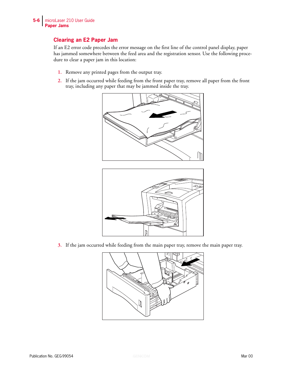 Clearing an e2 paper jam, Clearing an e2 paper jam 5-6 | Genicom microLaser 210 User Manual | Page 90 / 212