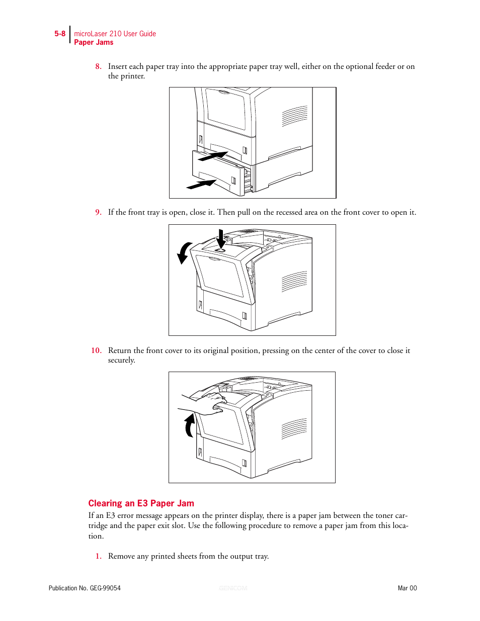 Clearing an e3 paper jam, Clearing an e3 paper jam 5-8 | Genicom microLaser 210 User Manual | Page 92 / 212