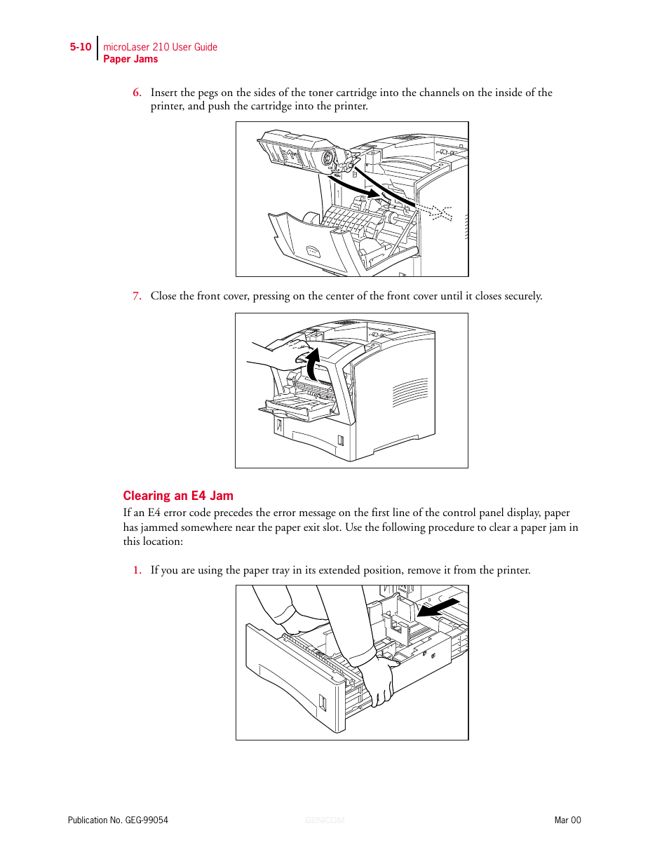Clearing an e4 jam, Clearing an e4 jam 5-10 | Genicom microLaser 210 User Manual | Page 94 / 212