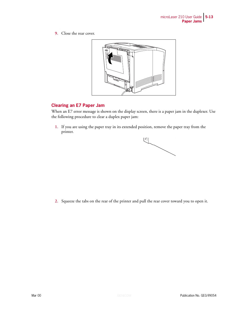 Clearing an e7 paper jam, Clearing an e7 paper jam 5-13 | Genicom microLaser 210 User Manual | Page 97 / 212