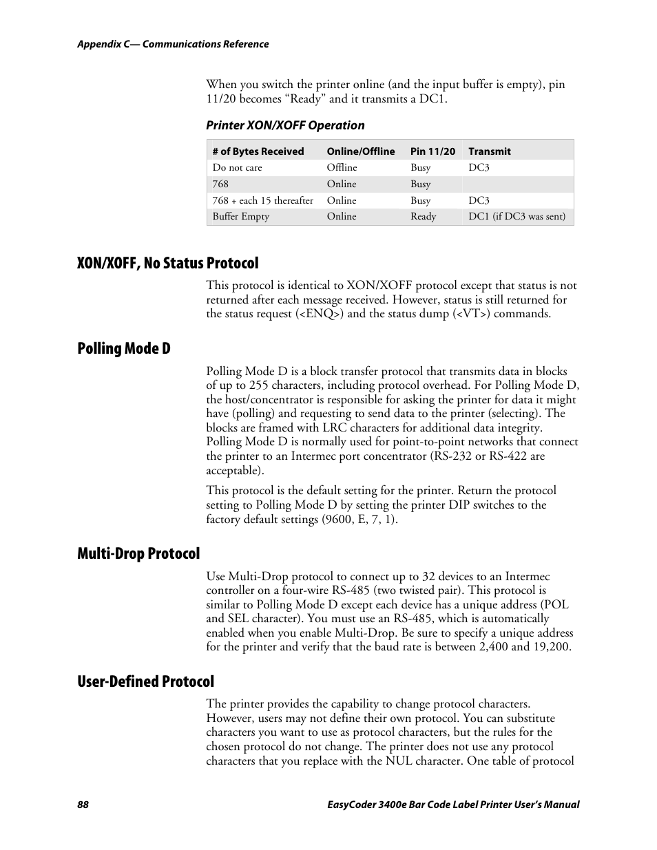 Xon/xoff, no status protocol, Polling mode d, Multi-drop protocol | User-defined protocol, C d 39 | Genicom EasyCoder 3400e User Manual | Page 100 / 126