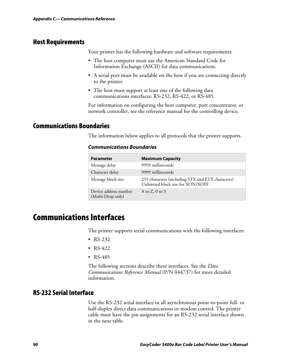 Host requirements, Communications boundaries, Communications interfaces | Rs-232 serial interface, C d 39 | Genicom EasyCoder 3400e User Manual | Page 102 / 126