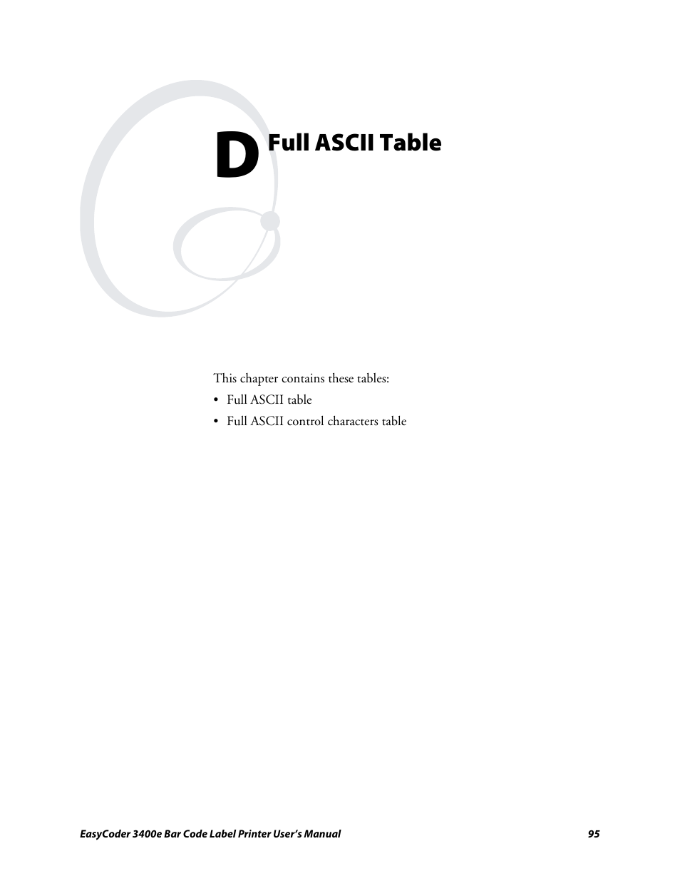 Appendix d - full ascii table, Full ascii table | Genicom EasyCoder 3400e User Manual | Page 107 / 126