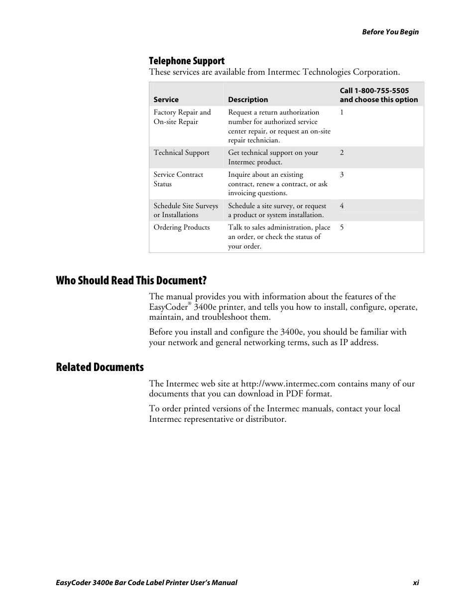 Who should read this document, Related documents, C d 39 | Telephone support | Genicom EasyCoder 3400e User Manual | Page 11 / 126