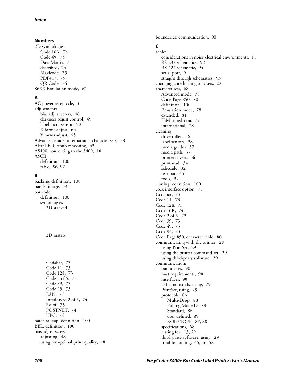 Numbers | Genicom EasyCoder 3400e User Manual | Page 120 / 126