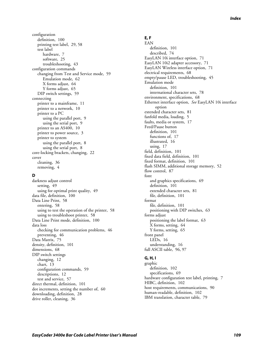 E, f, G, h, i | Genicom EasyCoder 3400e User Manual | Page 121 / 126
