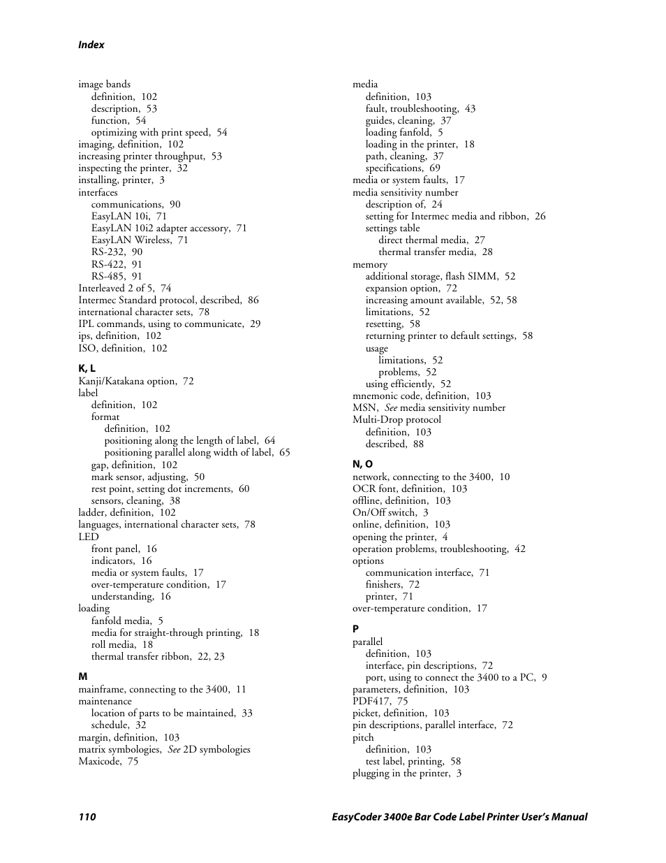 K, l, N, o | Genicom EasyCoder 3400e User Manual | Page 122 / 126