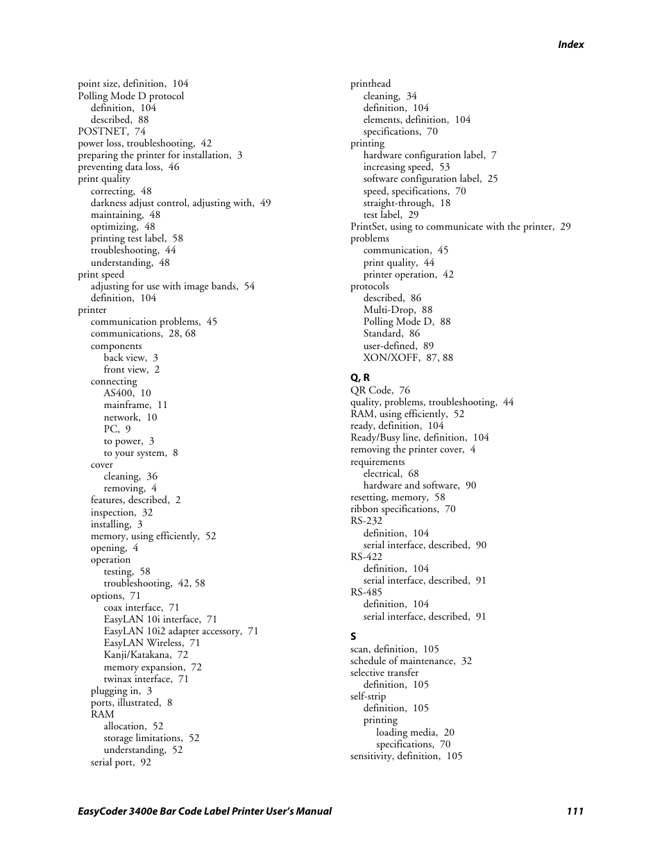 Q, r | Genicom EasyCoder 3400e User Manual | Page 123 / 126