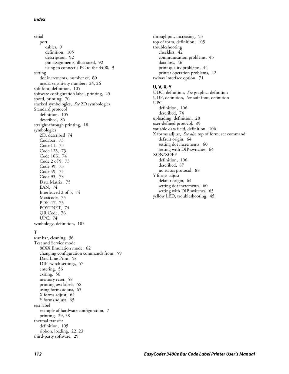 U, v, x, y | Genicom EasyCoder 3400e User Manual | Page 124 / 126