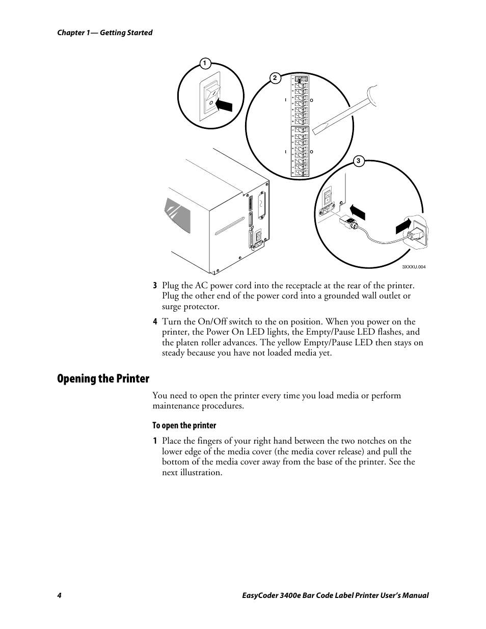 Opening the printer, C d 39 | Genicom EasyCoder 3400e User Manual | Page 16 / 126