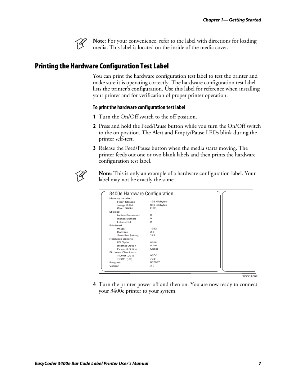Printing the hardware configuration test label, C d 39, 3400e hardware configuration | Genicom EasyCoder 3400e User Manual | Page 19 / 126
