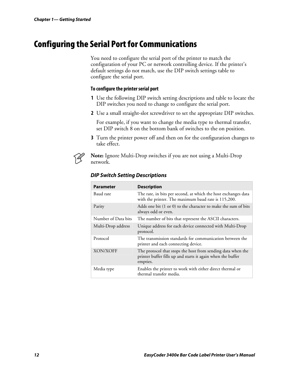 Configuring the serial port for communications, C d 39 | Genicom EasyCoder 3400e User Manual | Page 24 / 126
