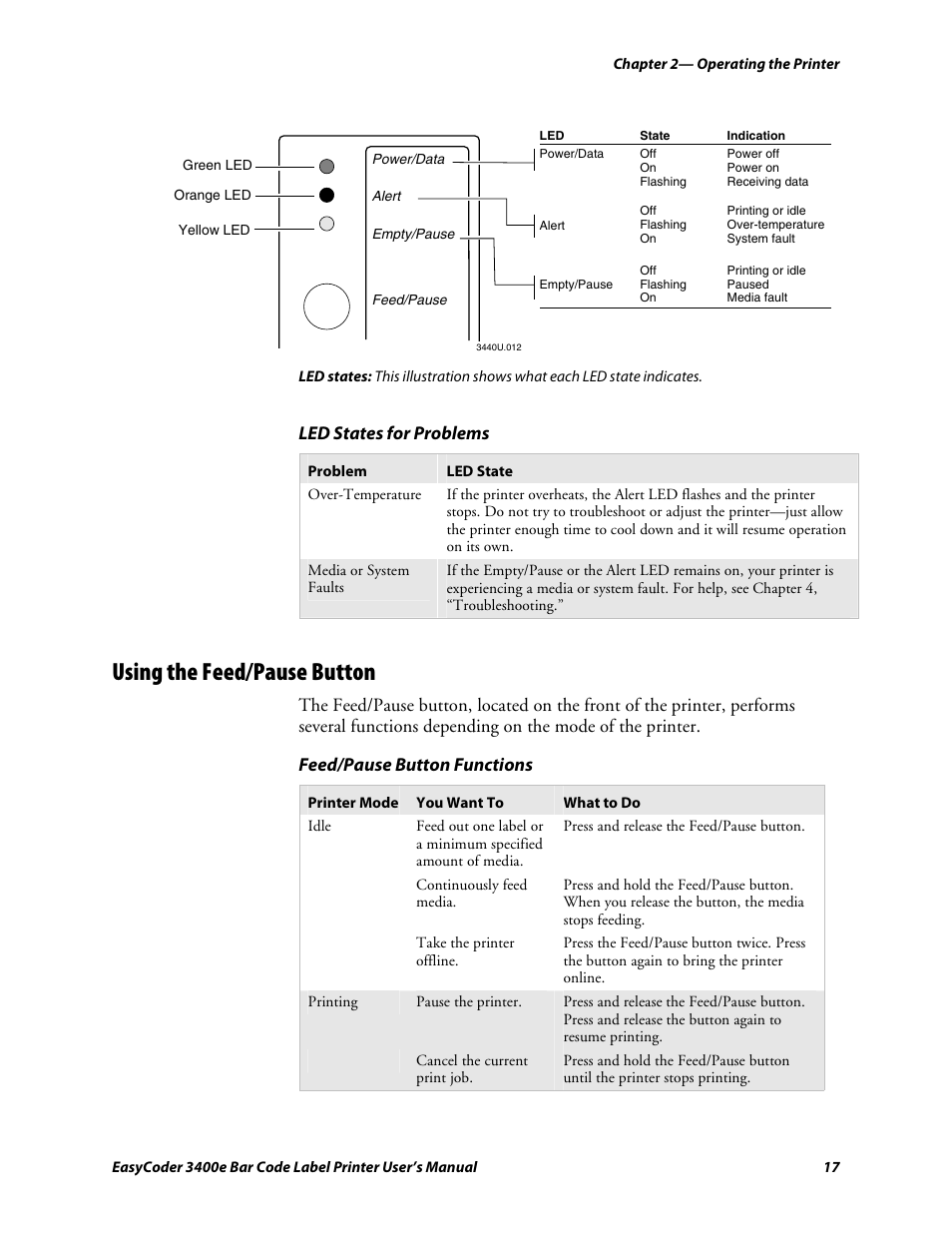 Using the feed/pause button, C d 39 | Genicom EasyCoder 3400e User Manual | Page 29 / 126